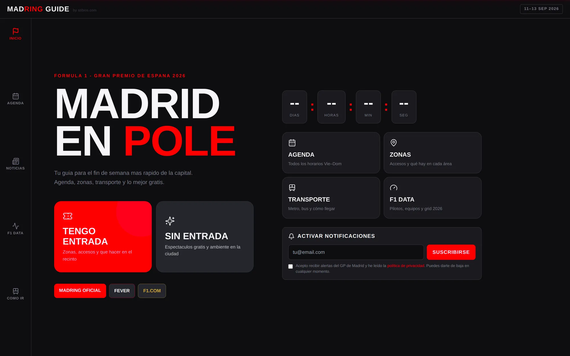 Pantalla de inicio de MadRing Guide: cuenta atrás, accesos a agenda, zonas, transporte y datos de F1.